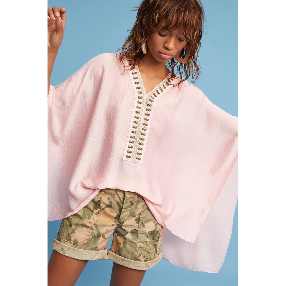 Floreat Anthropologie June Embroidered Poncho Crane Kaftan One Size Boho Blouse